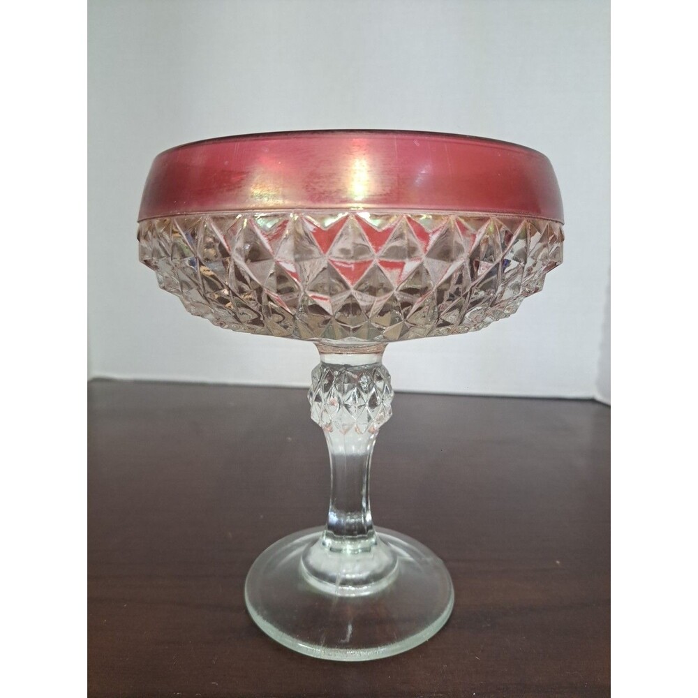 Vintage Indiana Glass Diamond Point With Ruby Red Dlash Trim Pedestaled Compote